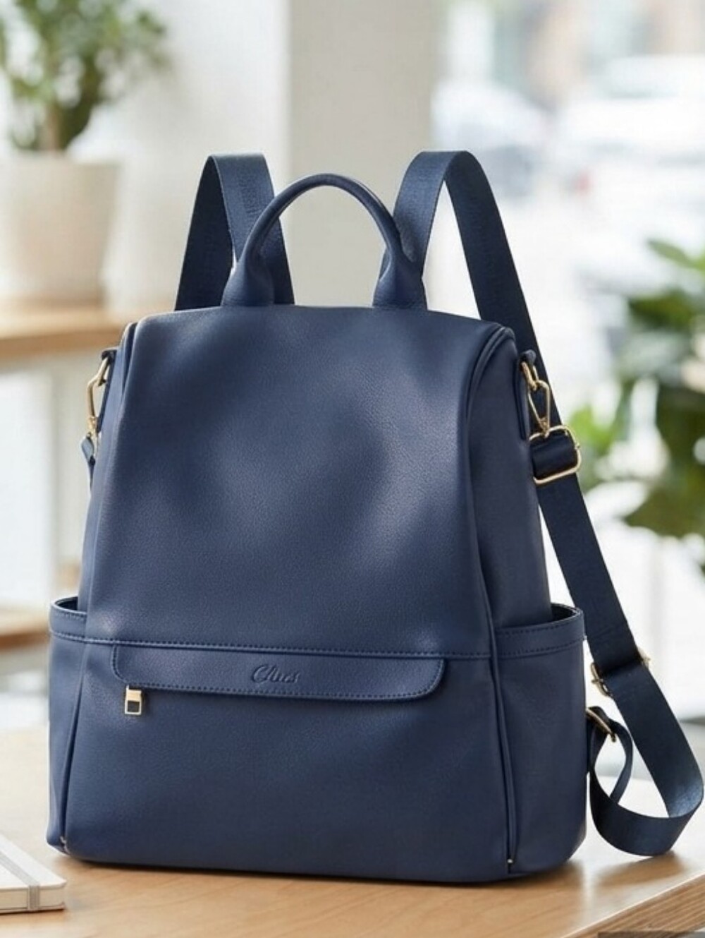 CLUCI Navy Blue Faux Leather Convertible Backpack Purse - Everyday Bag